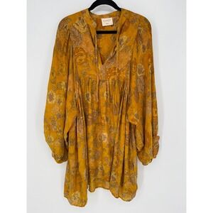 SISSEL EDELBO 100% SILK ONE SIZE MINI DRESS GOLDEN FLORAL OVERSIZED BOHO FAIRY‎